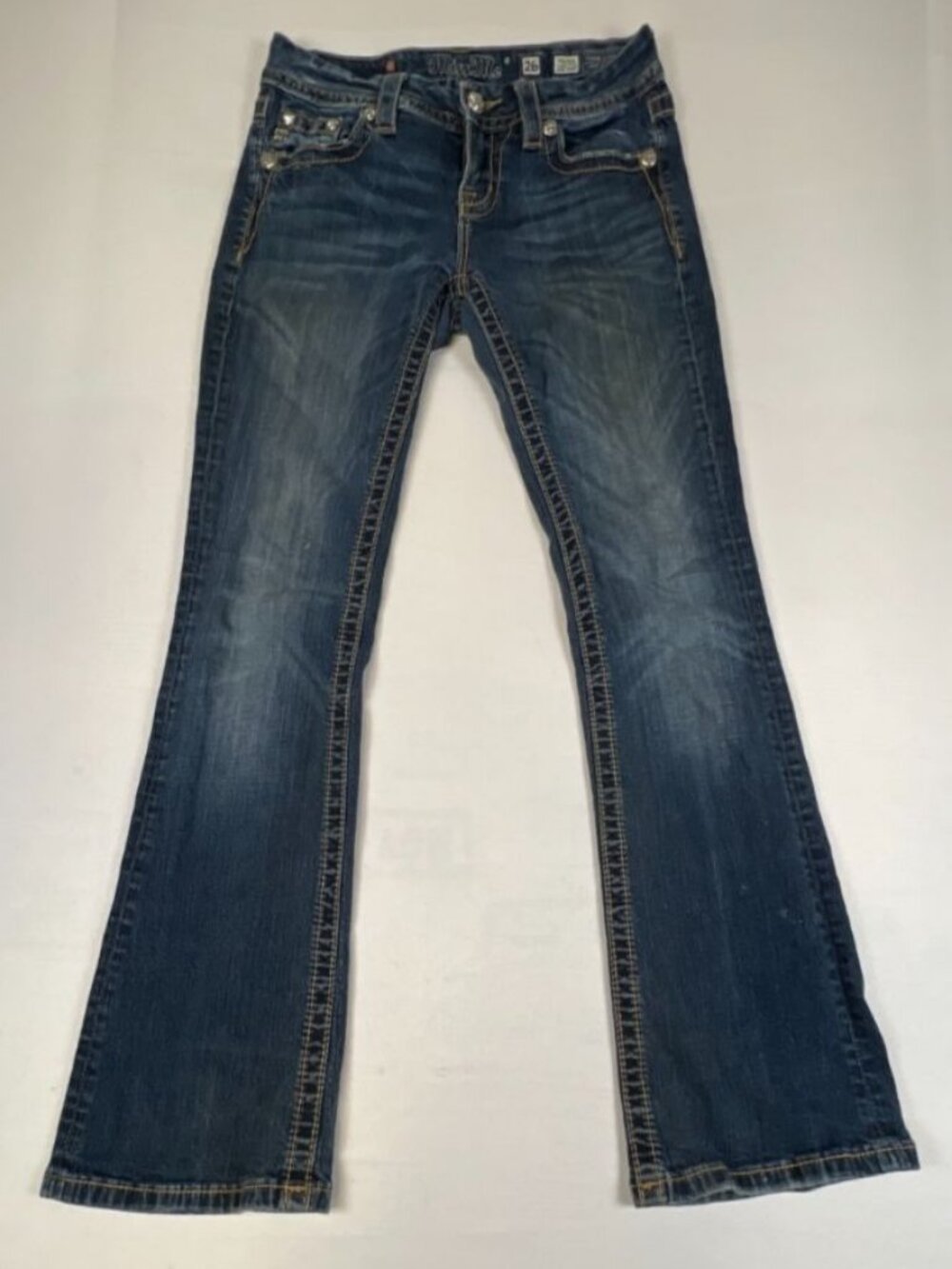 Miss Me Women Size 26 Blue Mid-Rise Easy Bootcut Denim Jeans Embroidered Pocket